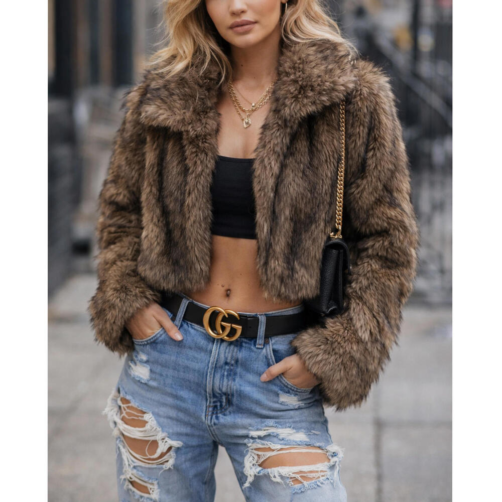 NWT Luxury Sz L Brown Cropped Faux Fur Coat Chic IT Girl Street Style Glam Vibe - Picture 1 of 9